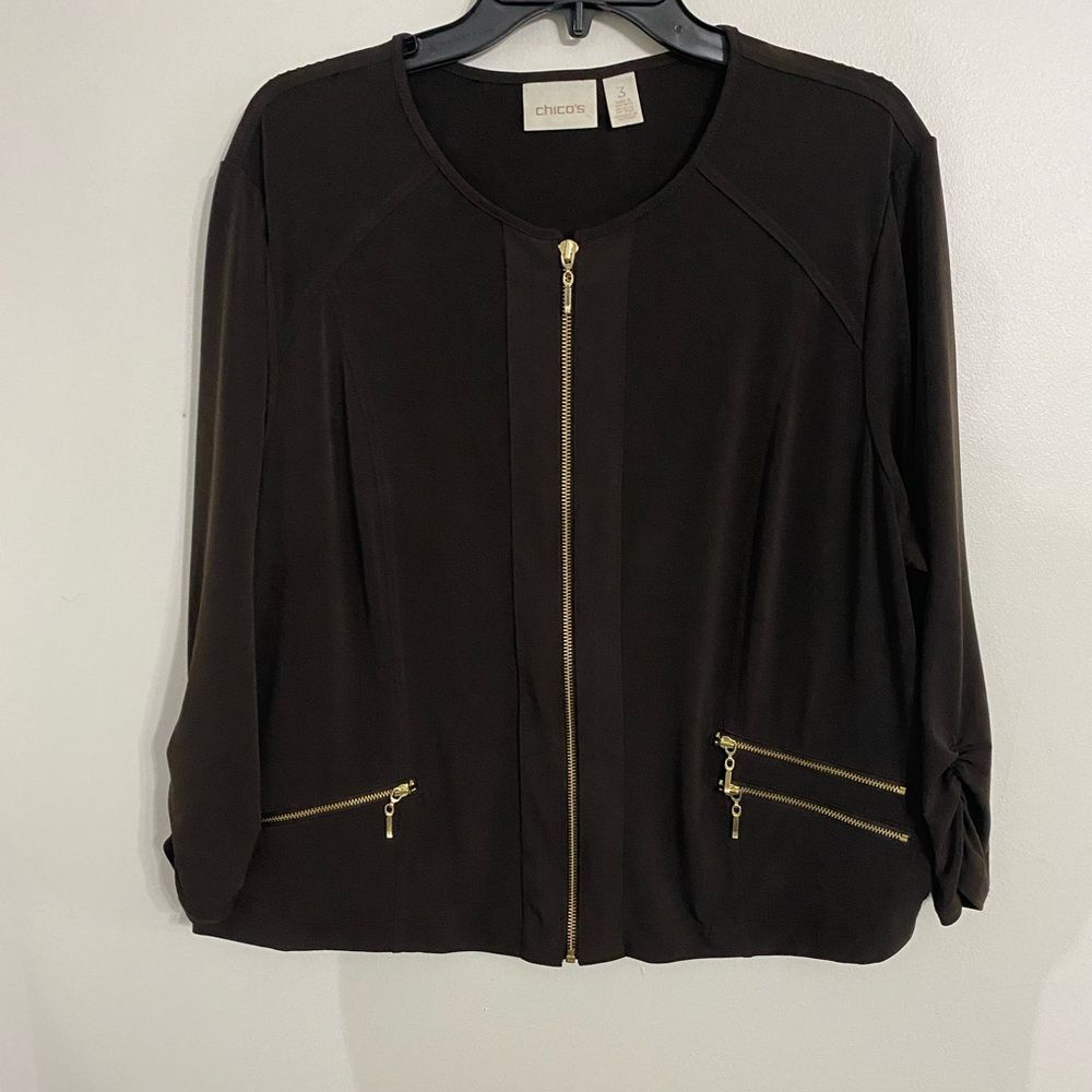 Chico's Knit Kit Zip-Pocket Jacket Chico's size 3 US Size XL Dark Brown